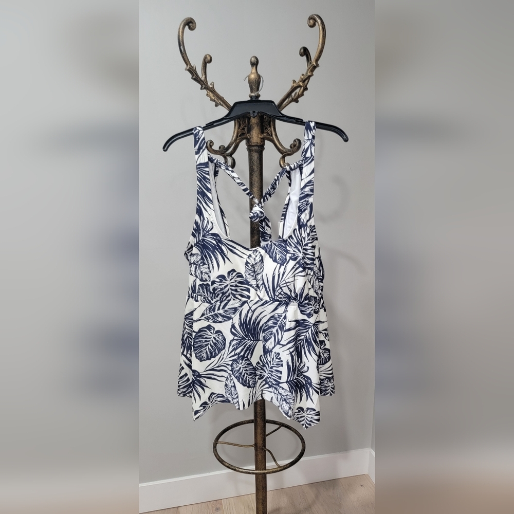 Floral Print Women's Swim Top - Navy and White